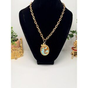 Southwestern Bold Turquoise Stone Necklace Mixed Metals 22” Statement Pendant